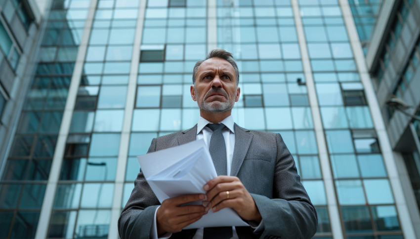 Serious businessman with documents frowning outside an office building