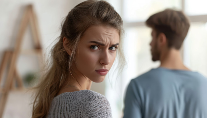 Upset girl frowns turning away from her boyfriend