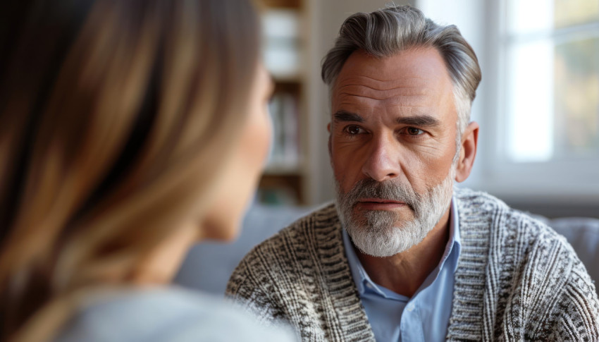 Mature man provides emotional support in psychotherapy session