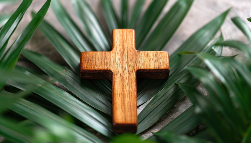 A wooden cross surrounded by palm leafs