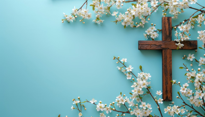 Spring flowers beautifully decorate a wooden cross against a blue background