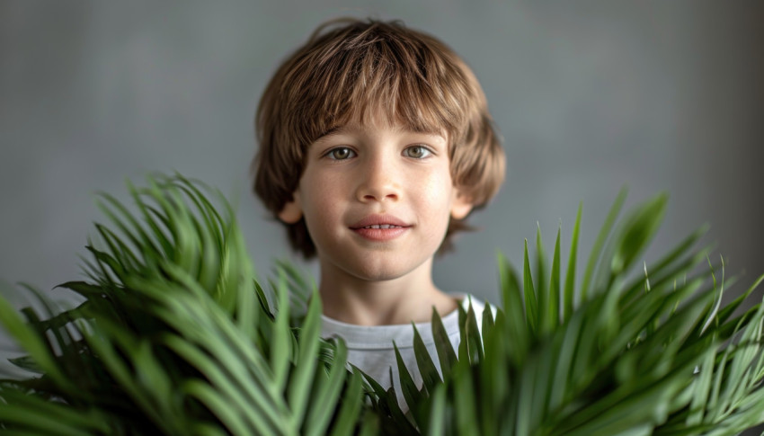 Young boy holds plum leaves