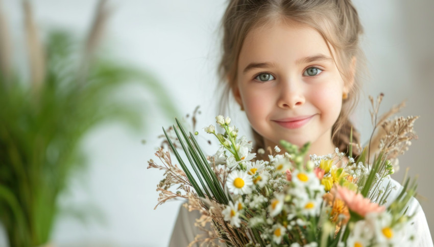 Joyful girl holds palm sunday bouquets