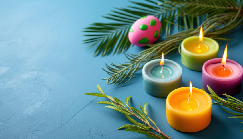 Colorful easter egg candles surrounded by willow branches and green palm leaves on a blue background