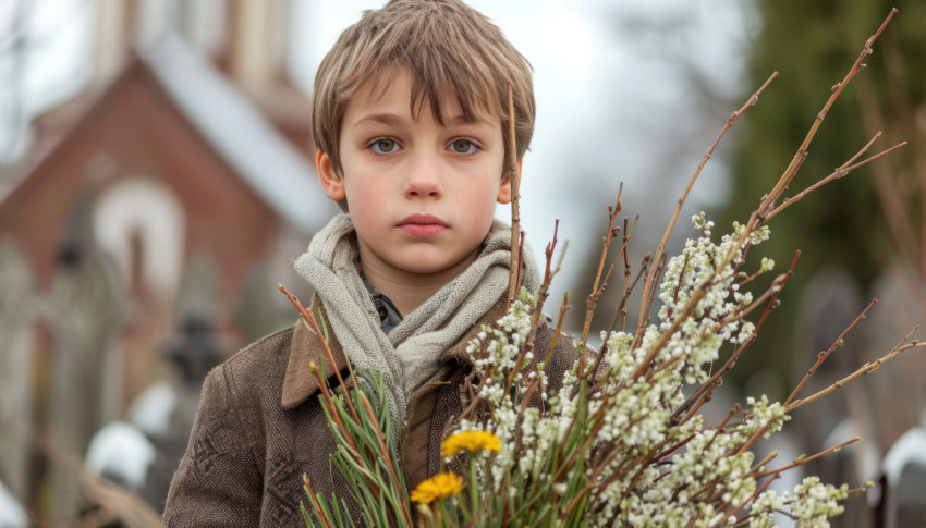 A boy holds willow branches in church