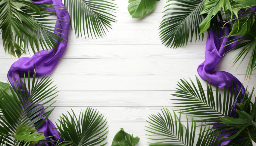 A white wood backdrop with palms and a purple sash