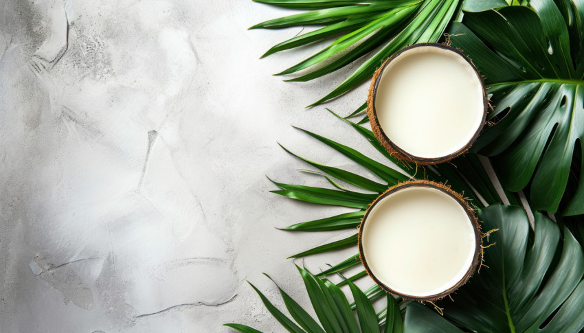 Coconut milk and palm leaves against a tropical backdrop