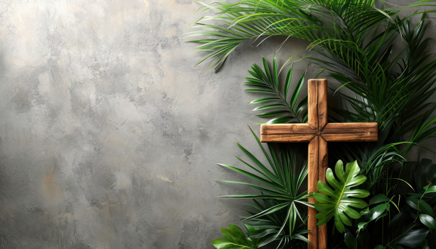 A cross and palm against on grey background