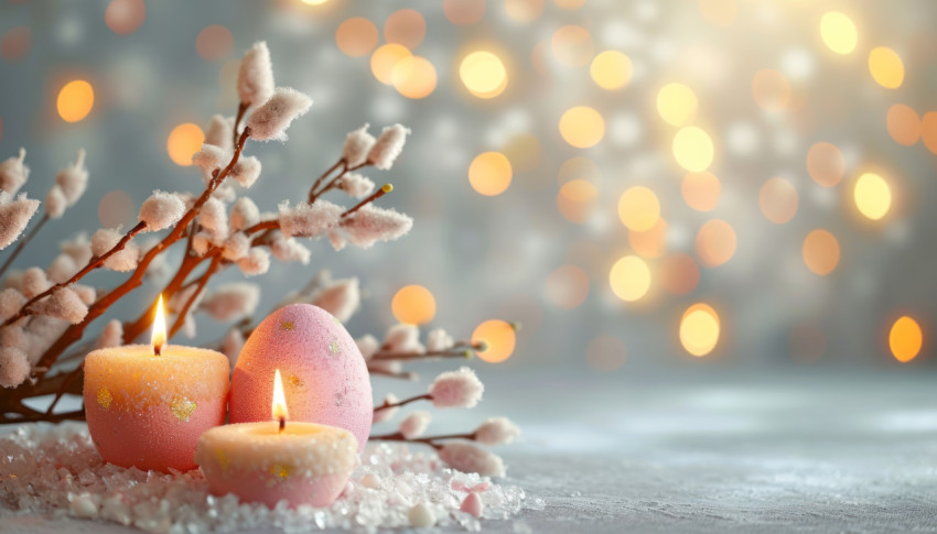 Easter egg candles and pussy willow branches a scene with bokeh lights