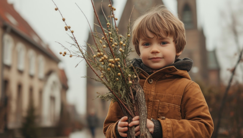 Little boy with willow tree in hands standing by a church