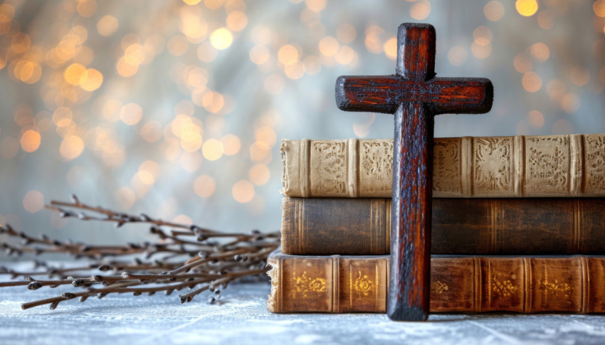 Wooden cross biblical books and willow twigs on a table with an abstract light background