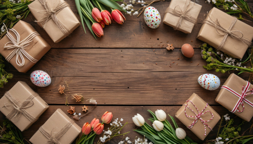 Wooden table with gifts willow tulip flowers and easter eggs