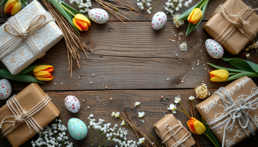 Wooden table adorned with gifts willow tulip flowers and easter eggs creating a festive atmosphere