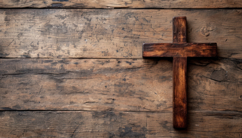 Wooden surface cross on a vintage background