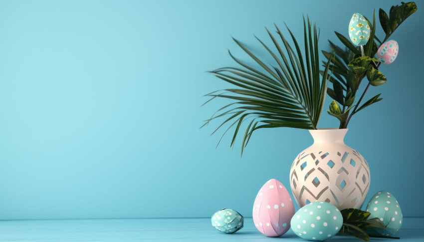 A beautiful ivory vase with a palm leaf and a paper craft easter egg against a blue background