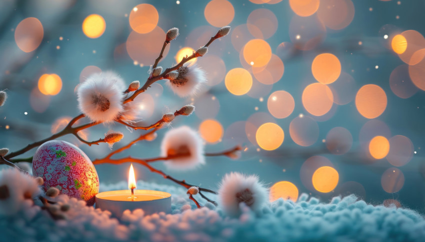 Pussy willow branches and easter egg over a bokeh lights