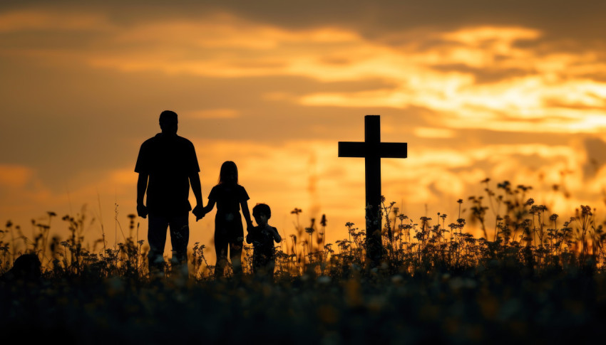 Silhouettes of a family next to a christian cross