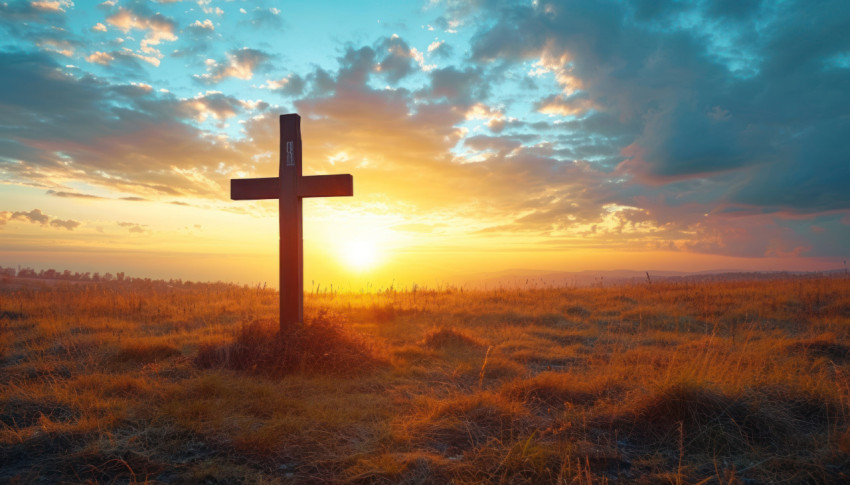 A cross standing in autumn sunrise meadow