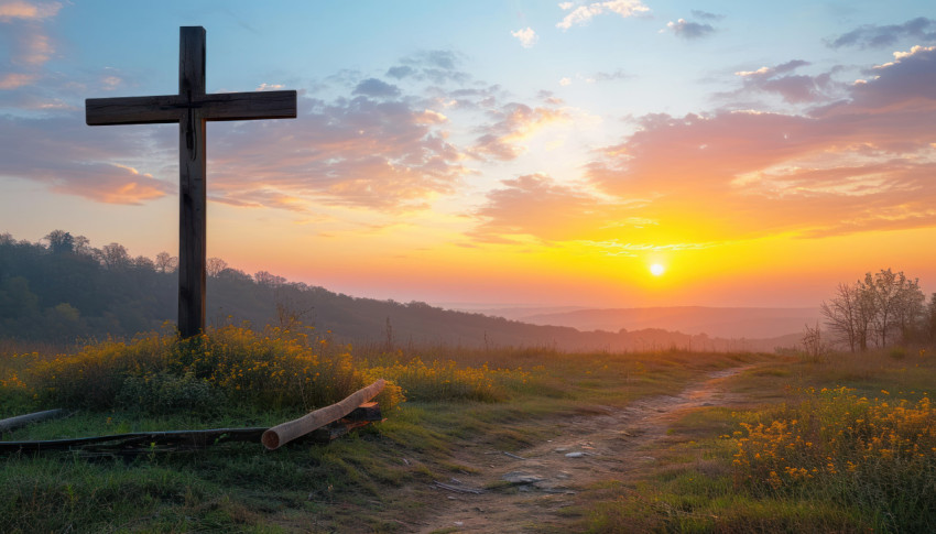 A cross in a meadow during autumn sunrise