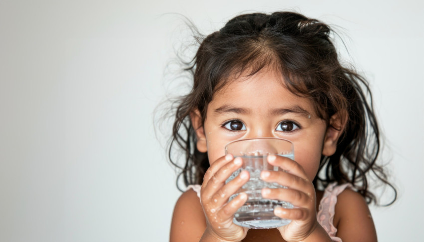 Small dark haired child drinks water using hands as a cup in a refreshing and innocent moment