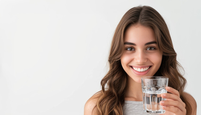 Happy girl smiles at the camera while holding a glass of water in hand