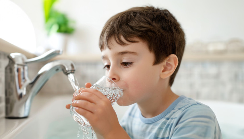 Small boy happily drinking water from tap promoting clean and accessible water for all