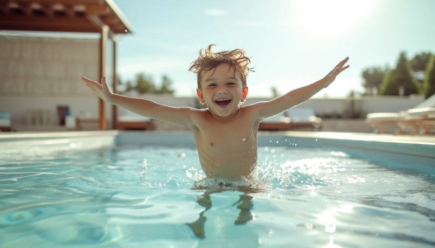 Happy 4 year old boy jumps into a private pool on a sunny vacation day filled with joy and excitement