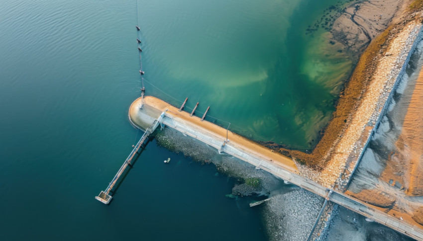 A bird eye view captures the beauty of a water barrage showcasing the intricate patterns and serene landscape from above