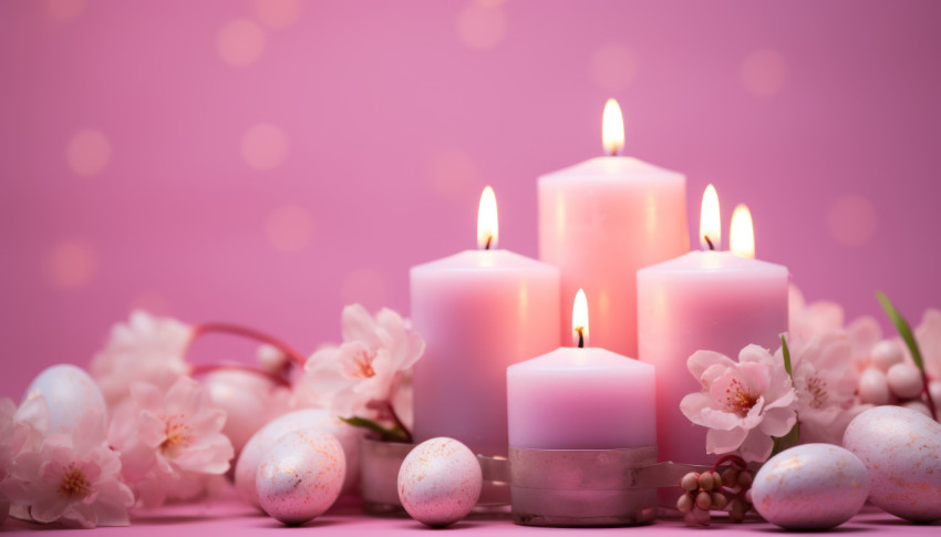 A candle and colorful easter eggs form a circle against a pink background