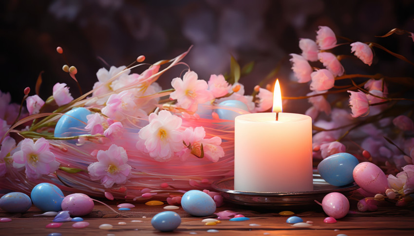 A lively scene with a colorful candle and vibrant colored eggs