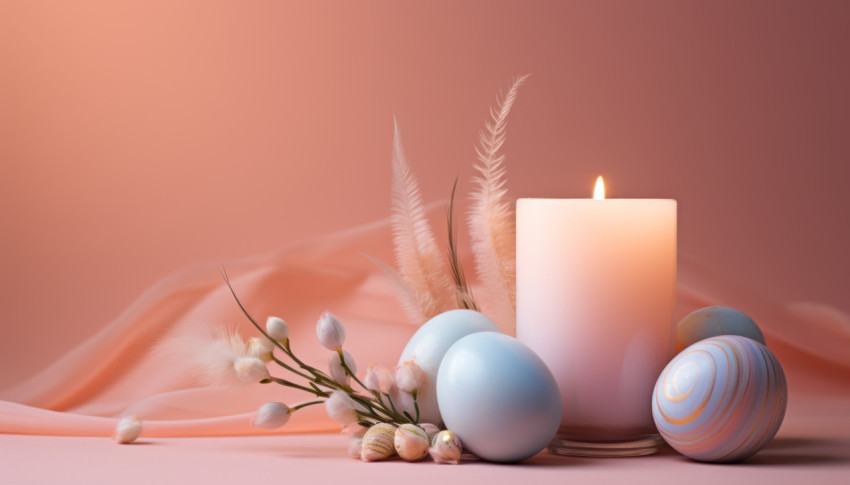 A vibrant candle accompanied by a collection of colored eggs