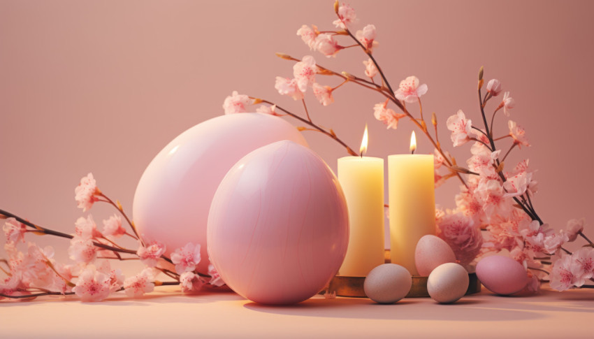 Easter themed scene with a candle and eggs side by side