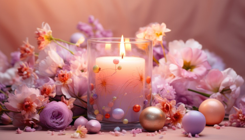 Decorative candle featuring easter eggs and flowers