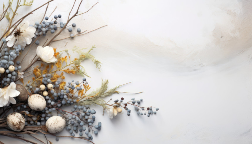 Willow and quail eggs arranged on a creamy paper background