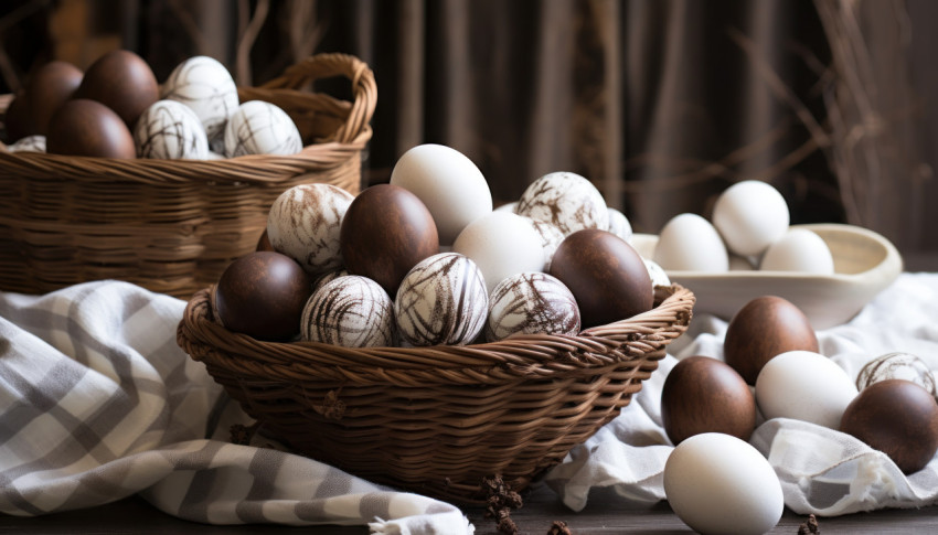 Chocolate easter eggs displayed on a wooden table with wicker fabric