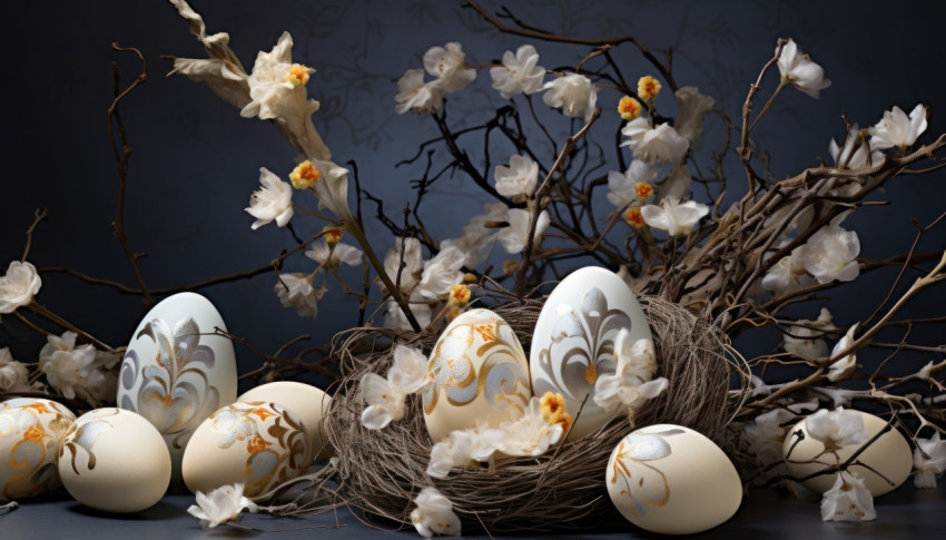 Colorful decorative eggs arranged with delicate willow branches for a charming spring display