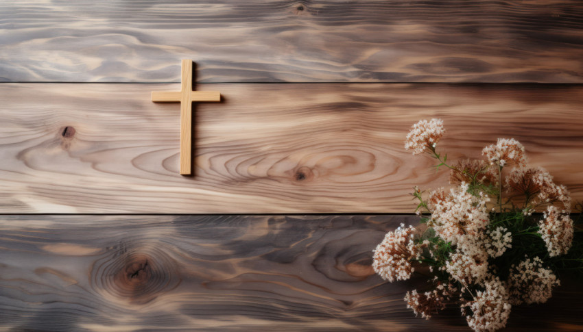 A simple wooden cross on a weathered bright wood table surface