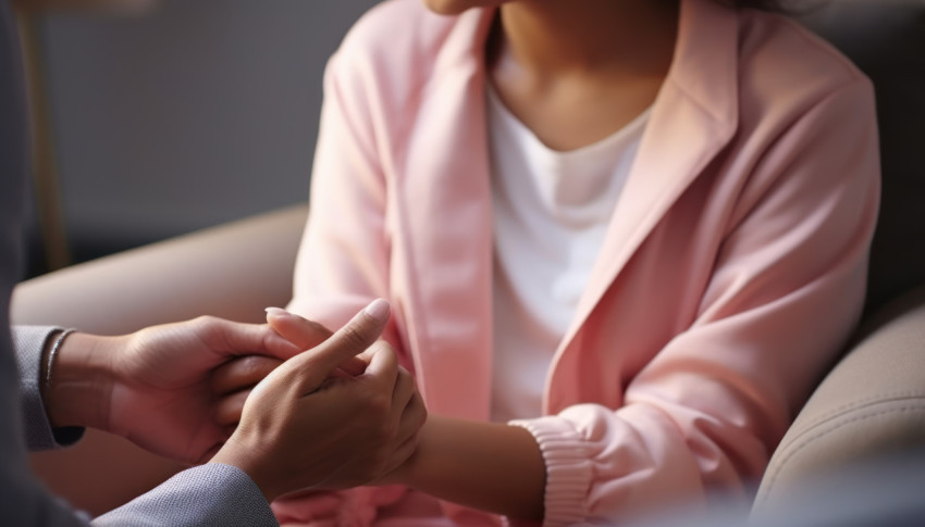 Biracial female psychologist holds palms of woman or girl providing support and guidance