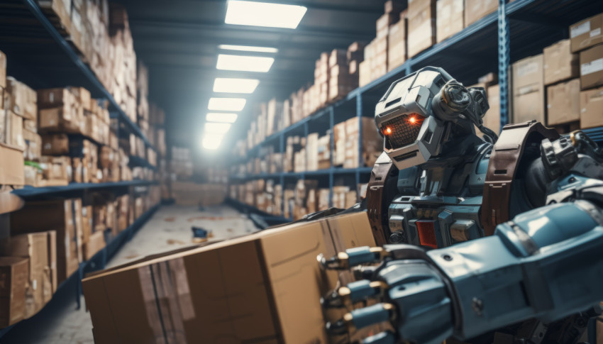 Robots in a warehouse picking up and moving boxes into boxes with precision and efficiency