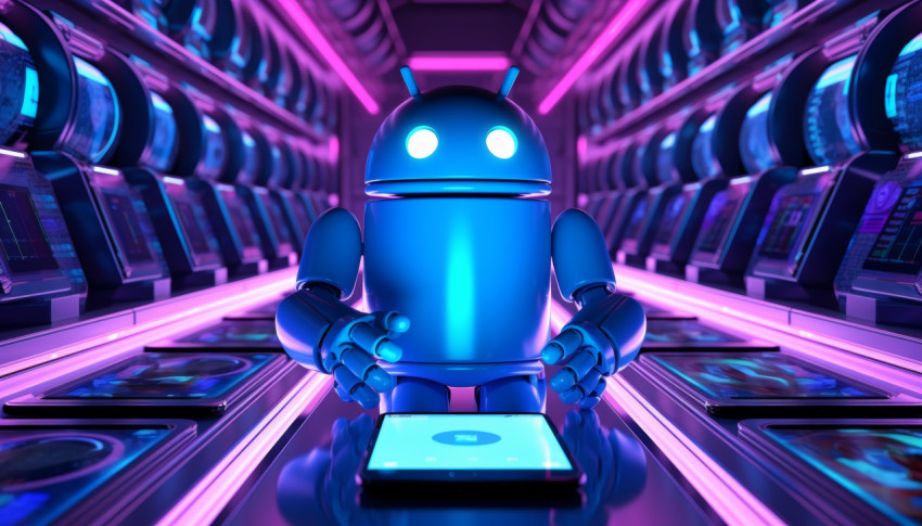 Android robot holding a screen showcasing the latest features and capabilities of the android system