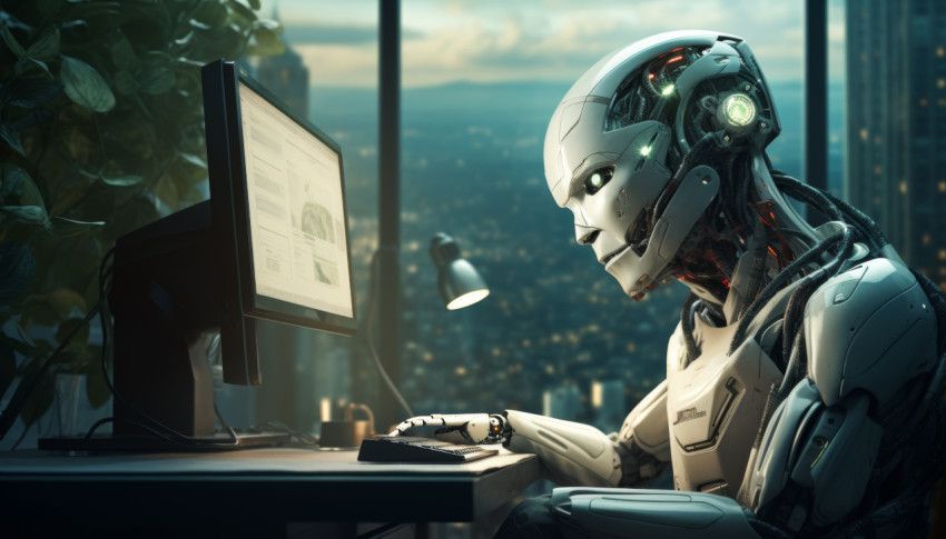 Robot sitting at computer table in office
