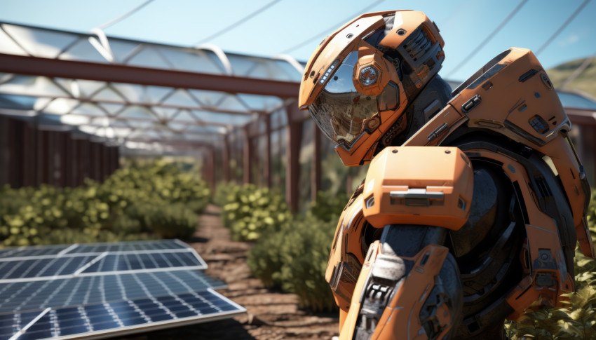 Robot gazes at a solar panel exploring clean energy possibilities with futuristic technology