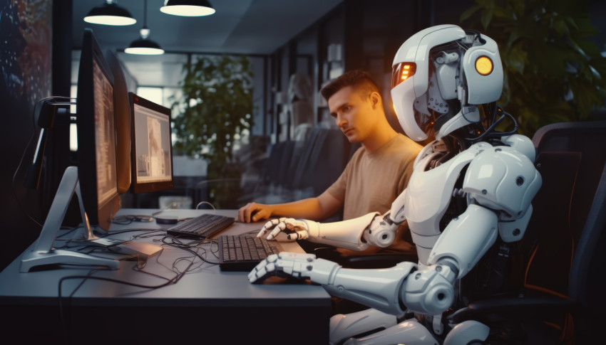 Robot sits at desk three people work on computers together in office setting