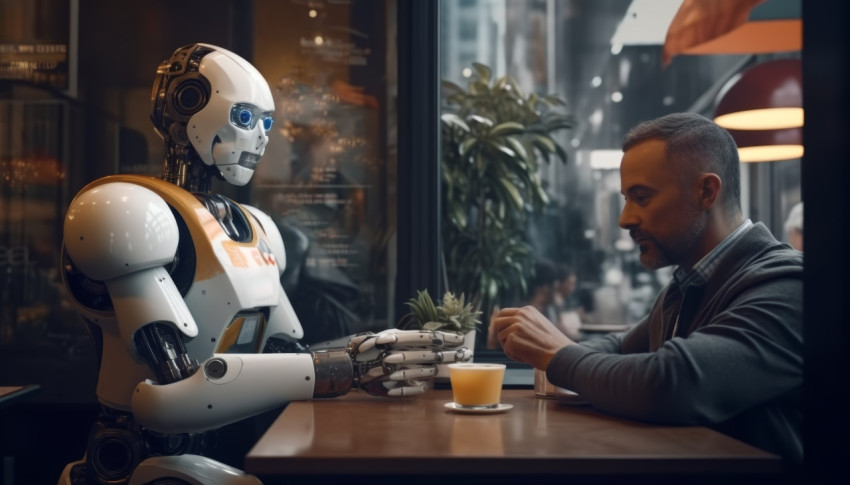 Man and robot enjoy cafe time together chatting and sipping drinks in a cozy setting