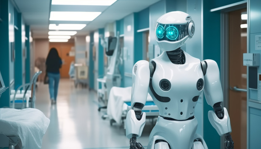 Robot standing in hospital hallway