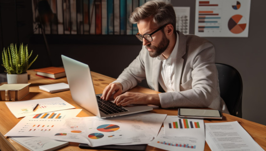 Accountant with laptop analyzing financial data report using paperwork