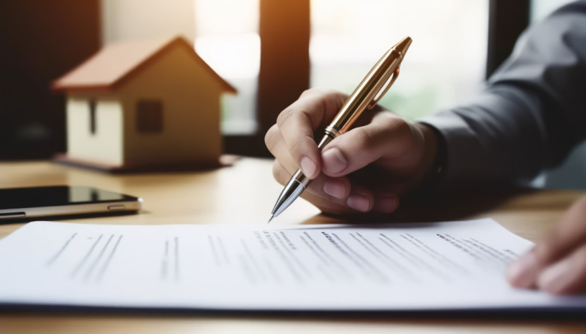 Man signs loan document for home ownership mortgage and real estate investment completing paperwork for a property investment in close up view