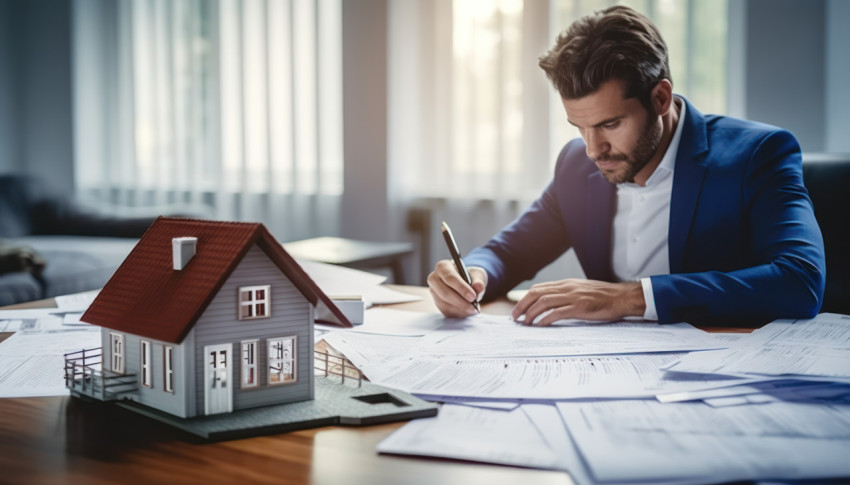 Real estate agent working on home loan paperwork in his office ensuring a smooth property transaction process