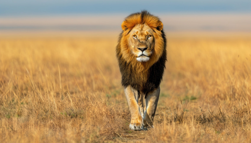 Powerful male lion coalition strolling confidently in vast african wilderness