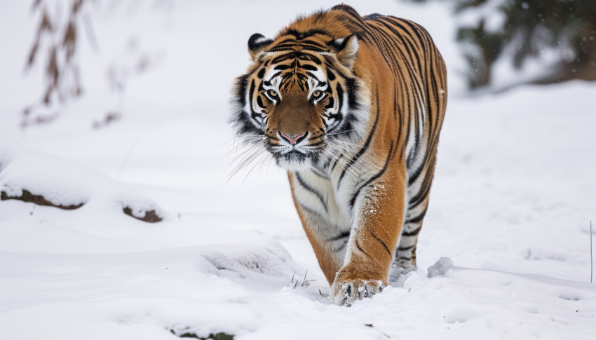 A magnificent siberian tiger gracefully moves through a snowy landscape